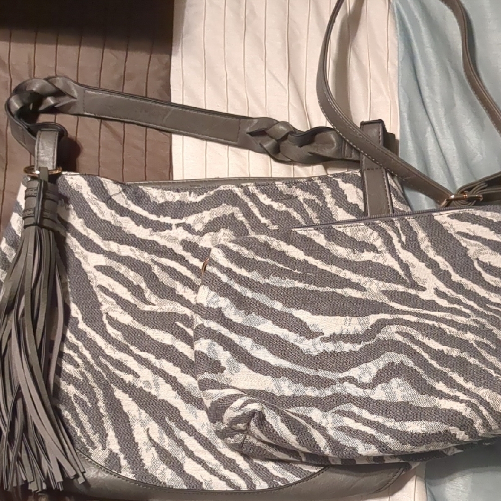Gray and White Zebra Print Shoulder Bag with Tassel